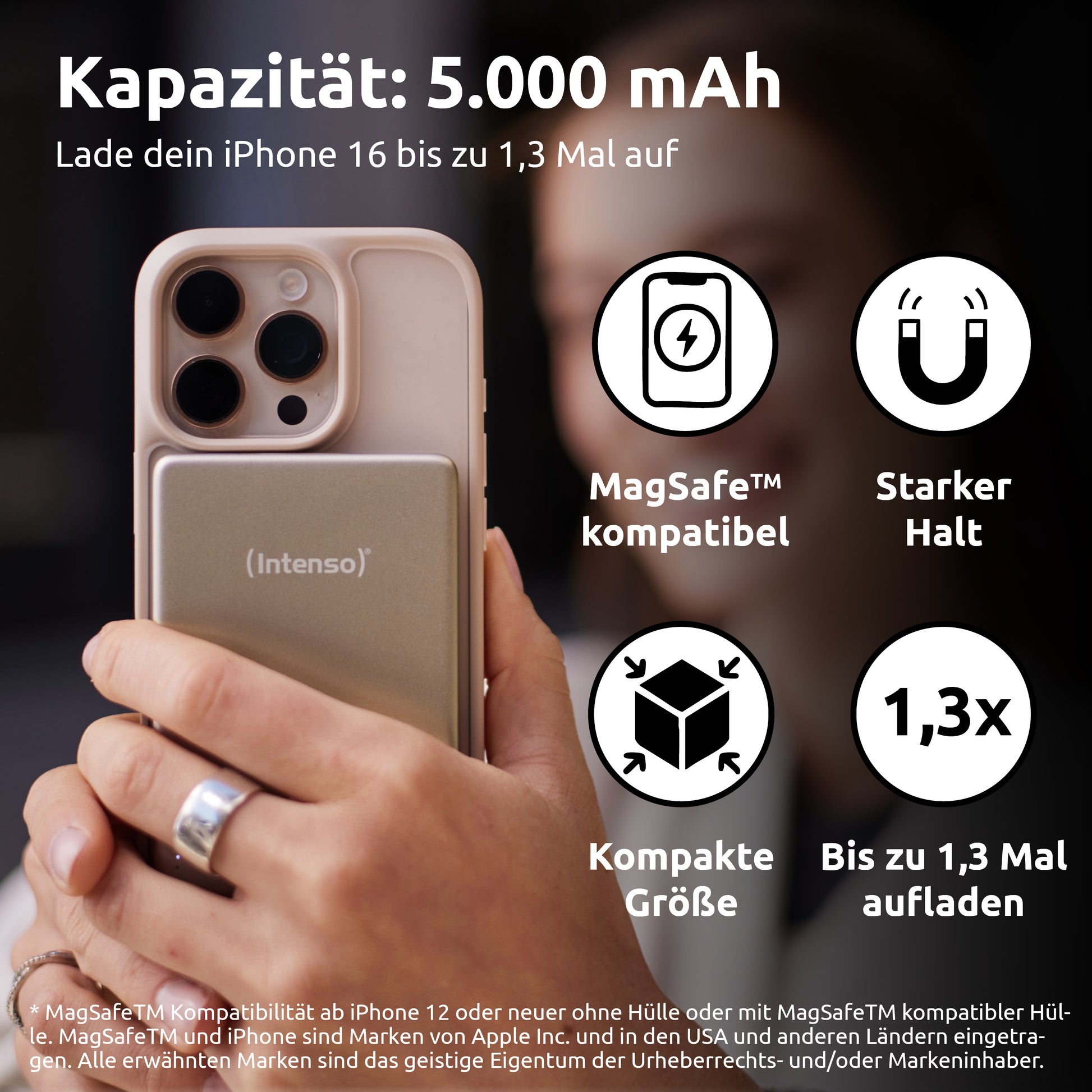 Intenso MW5000 MagSafe Powerbank 5'000 mAh – 20 W PD, Wireless 15 W, 1× USB-C, Champagner, für iPhone ab 12