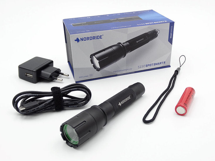 Nordride Taschenlampe SMART R – 510 lm, 180 m, IP65, USB, 2 Stufen – Schwarz
