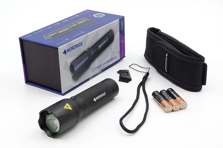 NORDRIDE UV Taschenlampe 395 – 320 lm, 110 m, IP65, 3 Modi – Schwarz