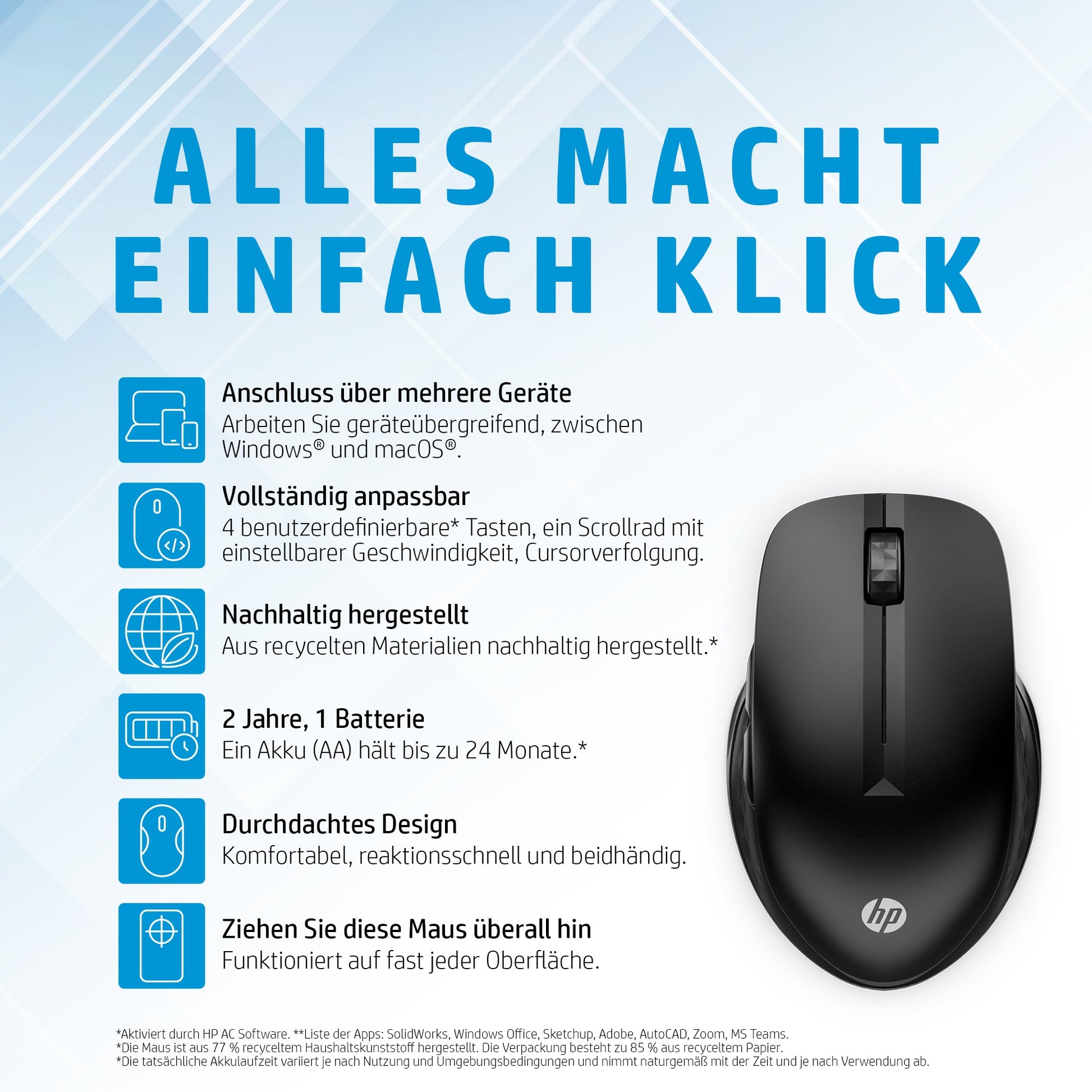 HP 430 Multi Device – Maus – Kabellos (Bluetooth/2,4 GHz), beidhändig, Schwarz