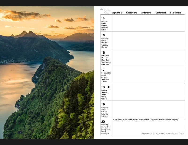 Calendaria Schweizer Foto-Almanach Agenda – 1 Woche pro Seite, Spiralbindung, A5, 2026, mehrsprachig, mehrfarbig