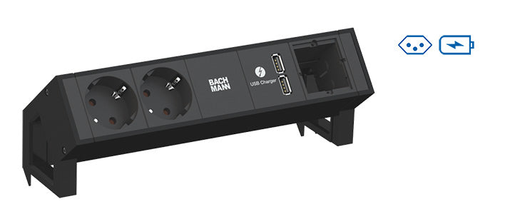 Bachmann DESK2 – Tischsteckdosenleiste, 1× T13, 2× USB, 0,2 m, Stecker GST18