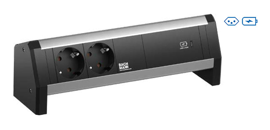 Bachmann DESK Tischsteckdosenleiste, 2×T13, 1×USB-C PD 30 W, Eingang GST18 – schwarz