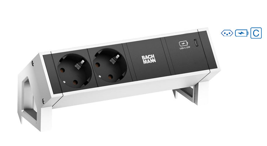 Bachmann DESK 2 Tischsteckdosenleiste, 2×T13, 1×USB‑C PD 60 W, 0,2 m (GST18-Zuleitung) – weiss