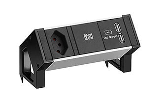 Bachmann DESK2 ALU Tischsteckdosenleiste – 1×T13, 2×USB 5 V/3,1 A, ohne Schalter, 0,2 m – schwarz/silber
