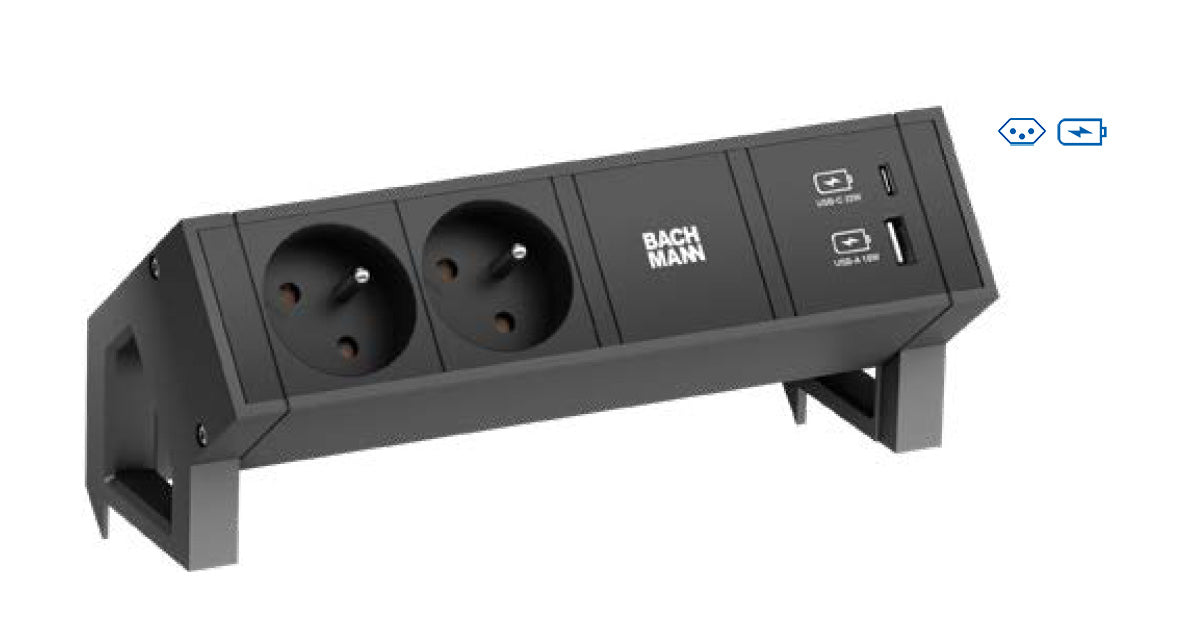 Bachmann DESK 2 – Tischsteckdosenleiste, 2× T13, 2× USB, ohne Schalter, 0,20 m, Stecker GST18i3