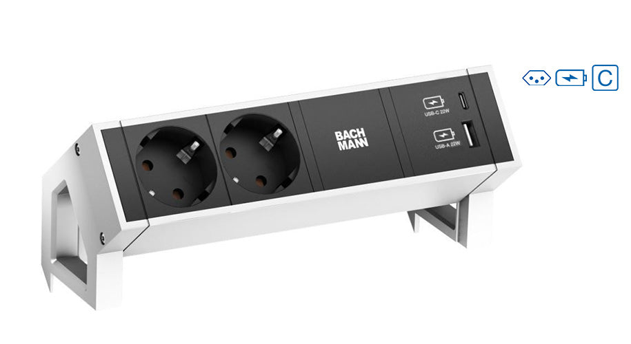 Bachmann DESK2 Steckdosenleiste 2×T13 (CH) – USB×2, 22 W – GST18 Stecker – Weiss – für Schweiz, Liechtenstein