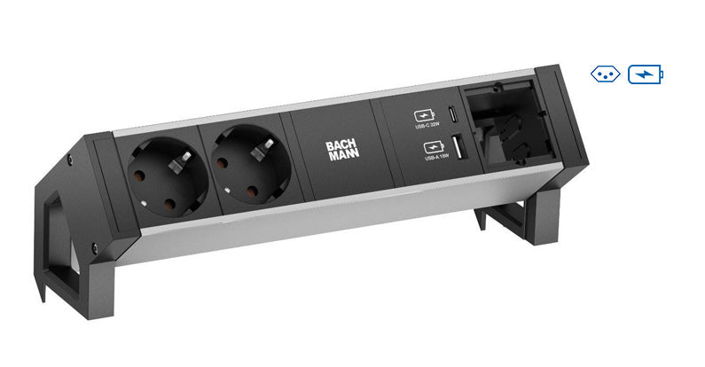 Bachmann DESK2 ALU Steckdoseneinheit – 2×T13, USB‑A/USB‑C 22 W, Tischmontage, GST18 0,2 m