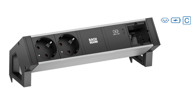 Bachmann DESK2 Steckdosenleiste – 2×T13, 1×USB‑C PD 30 W, ohne Schalter, 0,2 m, Eingang GST18 – schwarz