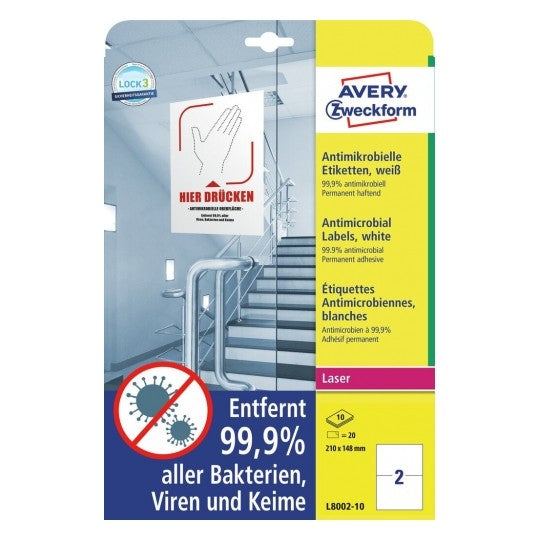 Avery L8002-10 – Etiketten A4 210 × 148 mm – Polyester – permanent haftend – Laser – 2 pro Blatt, 10 Blätter