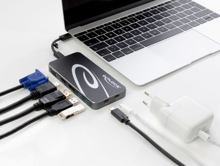 DeLOCK Dockingstation – USB-C, 1× DP, 1× HDMI, 1× VGA, 2× USB-A, 1× USB-C, 4,5 W PD, für Windows/Mac/ChromeOS