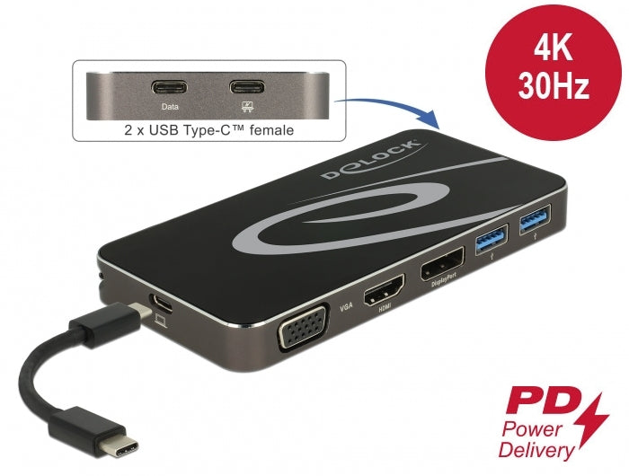 DeLOCK Dockingstation – USB-C, 1× DP, 1× HDMI, 1× VGA, 2× USB-A, 1× USB-C, 4,5 W PD, für Windows/Mac/ChromeOS
