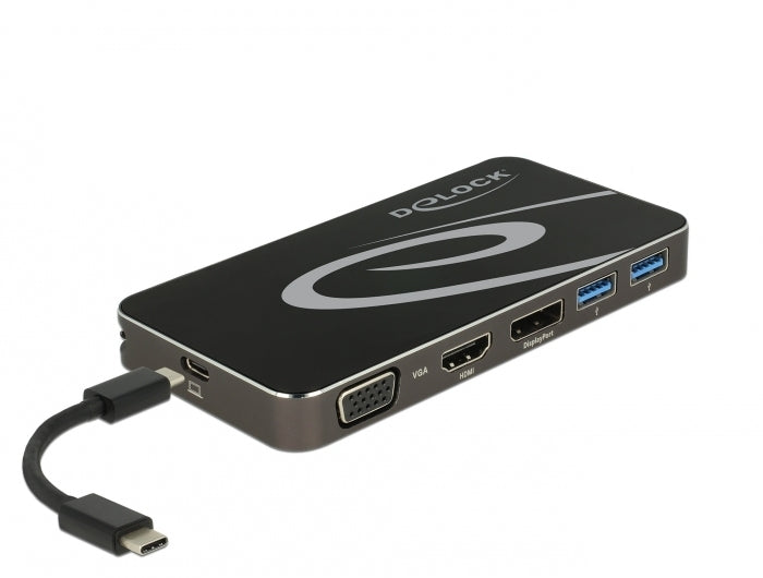 DeLOCK Dockingstation – USB-C, 1× DP, 1× HDMI, 1× VGA, 2× USB-A, 1× USB-C, 4,5 W PD, für Windows/Mac/ChromeOS