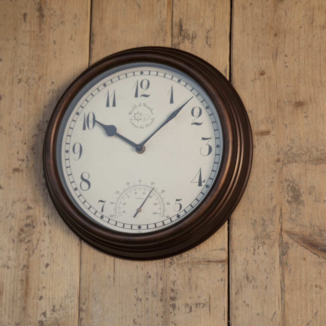 Esschert Design Wanduhr – Analog, Thermometer, Ø 30,5 cm, Braun, Kunststoff