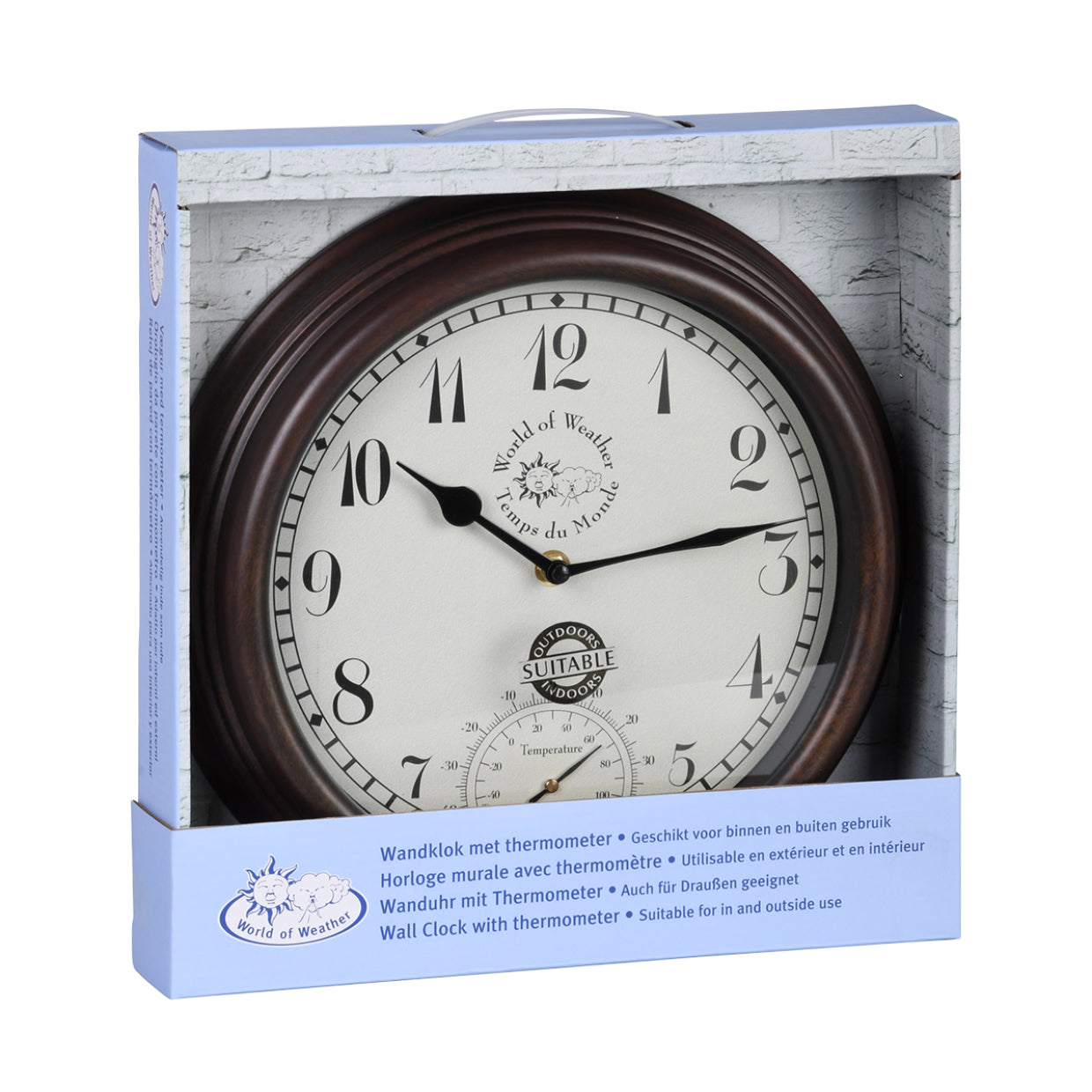 Esschert Design Wanduhr – Analog, Thermometer, Ø 30,5 cm, Braun, Kunststoff