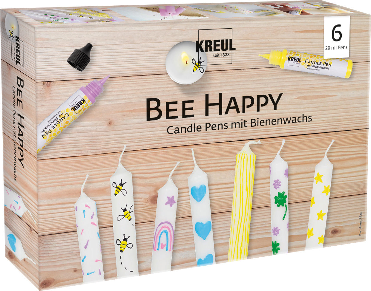 Kreul Candle Pen Bee Happy Kerzenmalfarbe – Mehrfarbig – 6 Farben, 6×29 ml (174 ml) – für Wachs