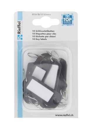 Rieffel Schlüsselschild – einseitig beschriftbar, S-Haken, schwarz, 22 × 55 mm, 10er-Pack