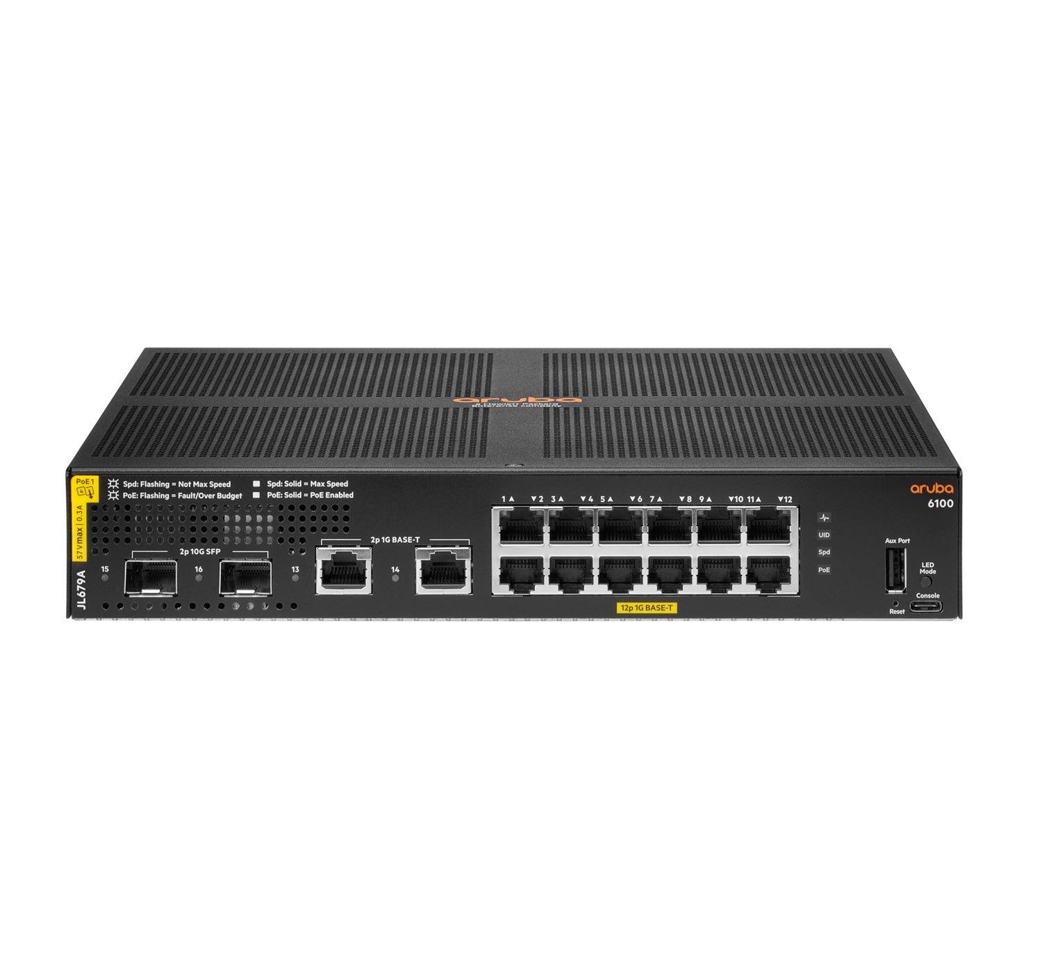 HPE Aruba 6100 12G – Managed Switch – 12×GbE, 2×SFP+, L3, PoE+ 139 W, 1U