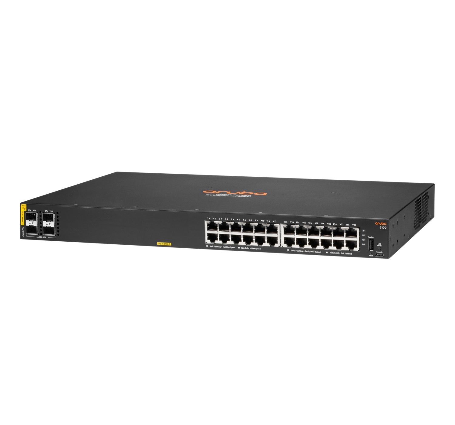 HPE Aruba 6100 24G – Managed L3 Switch – 24× 1G, 4× SFP+, PoE+, PoE-Budget 370 W, 19", 1U