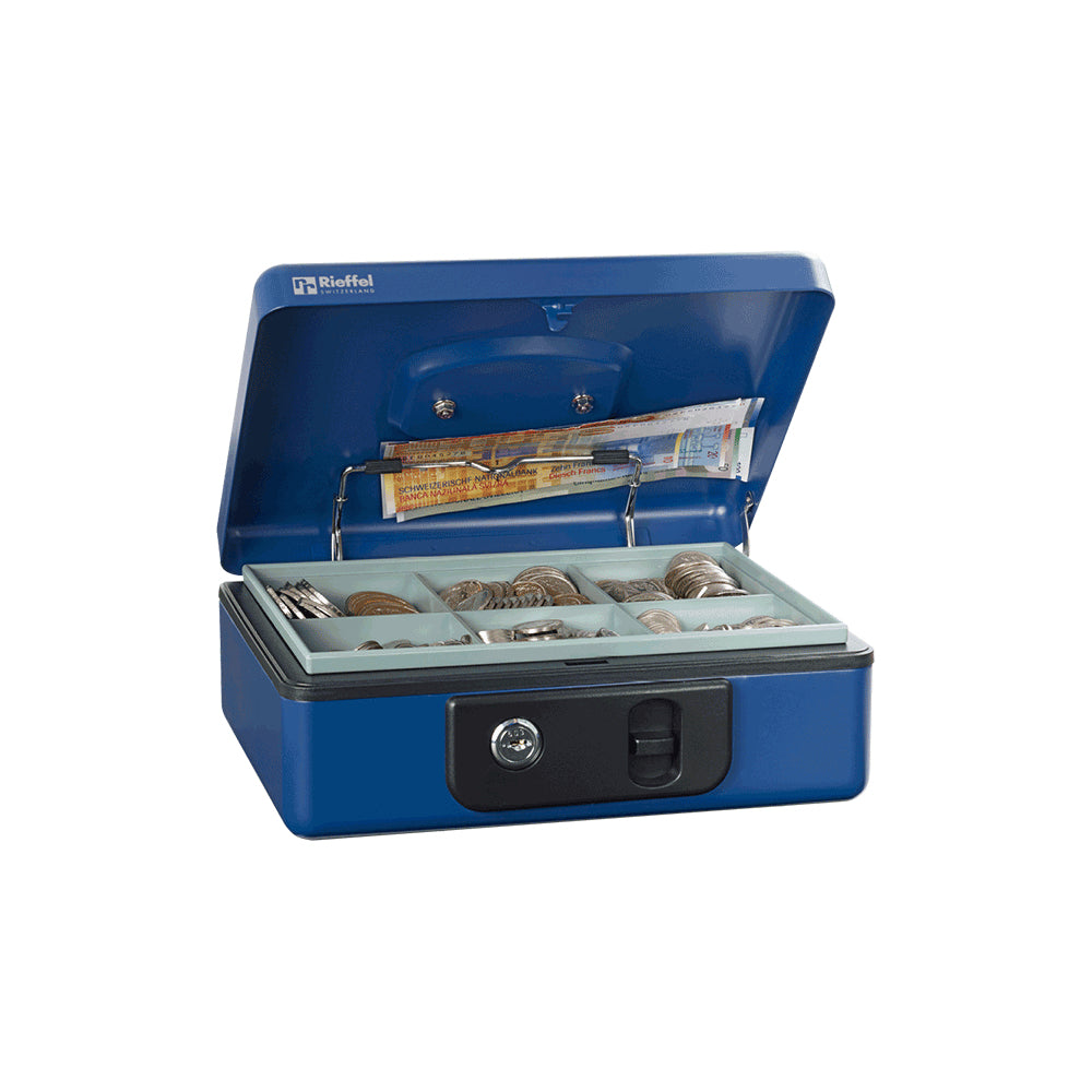 Rieffel DeLuxe 3 A13184 – Geldkassette mit herausnehmbarem Münzeinsatz, 230 × 185 × 86 mm, Blau
