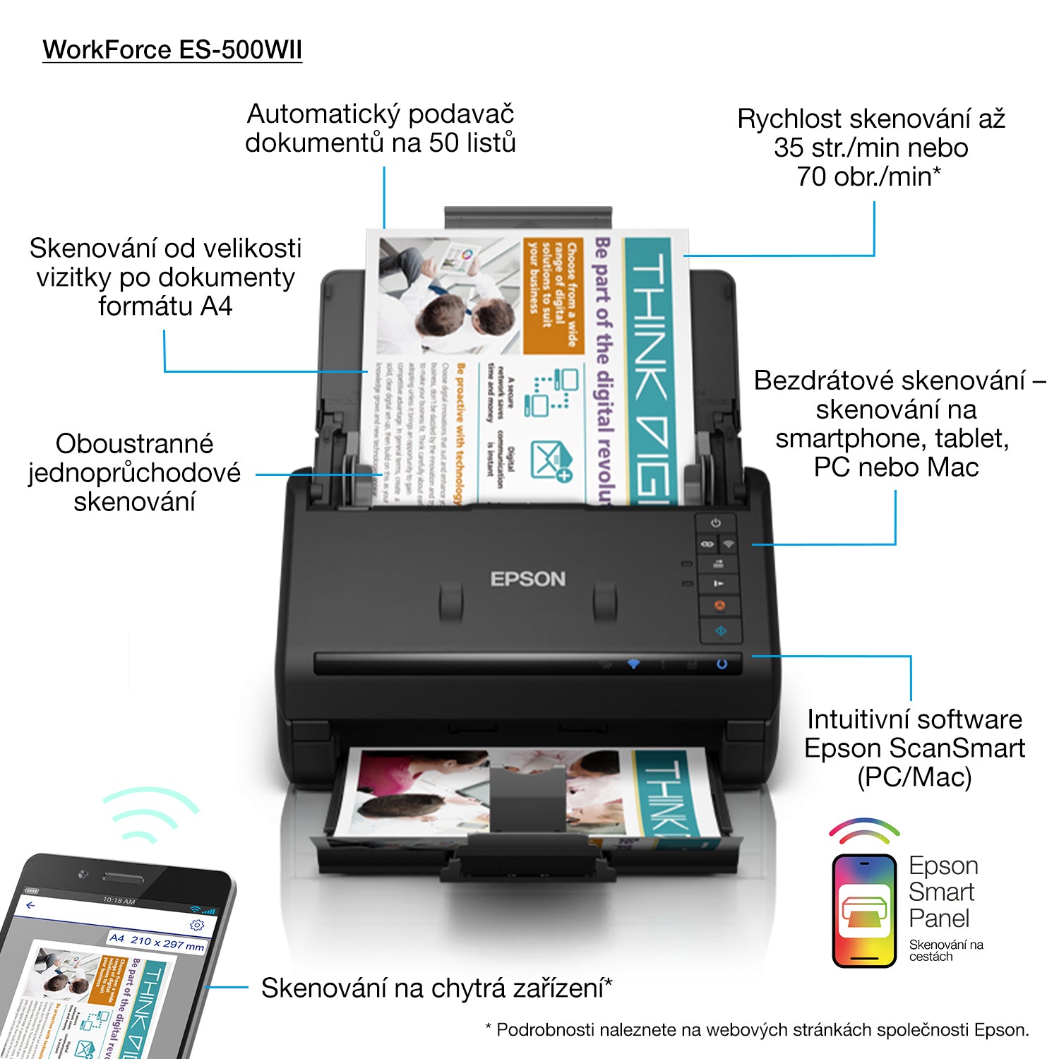 Epson WorkForce ES-500W II – Dokumentenscanner, A4, Duplex, 35 ppm, 600 dpi, ADF 100 Blatt, WLAN, USB