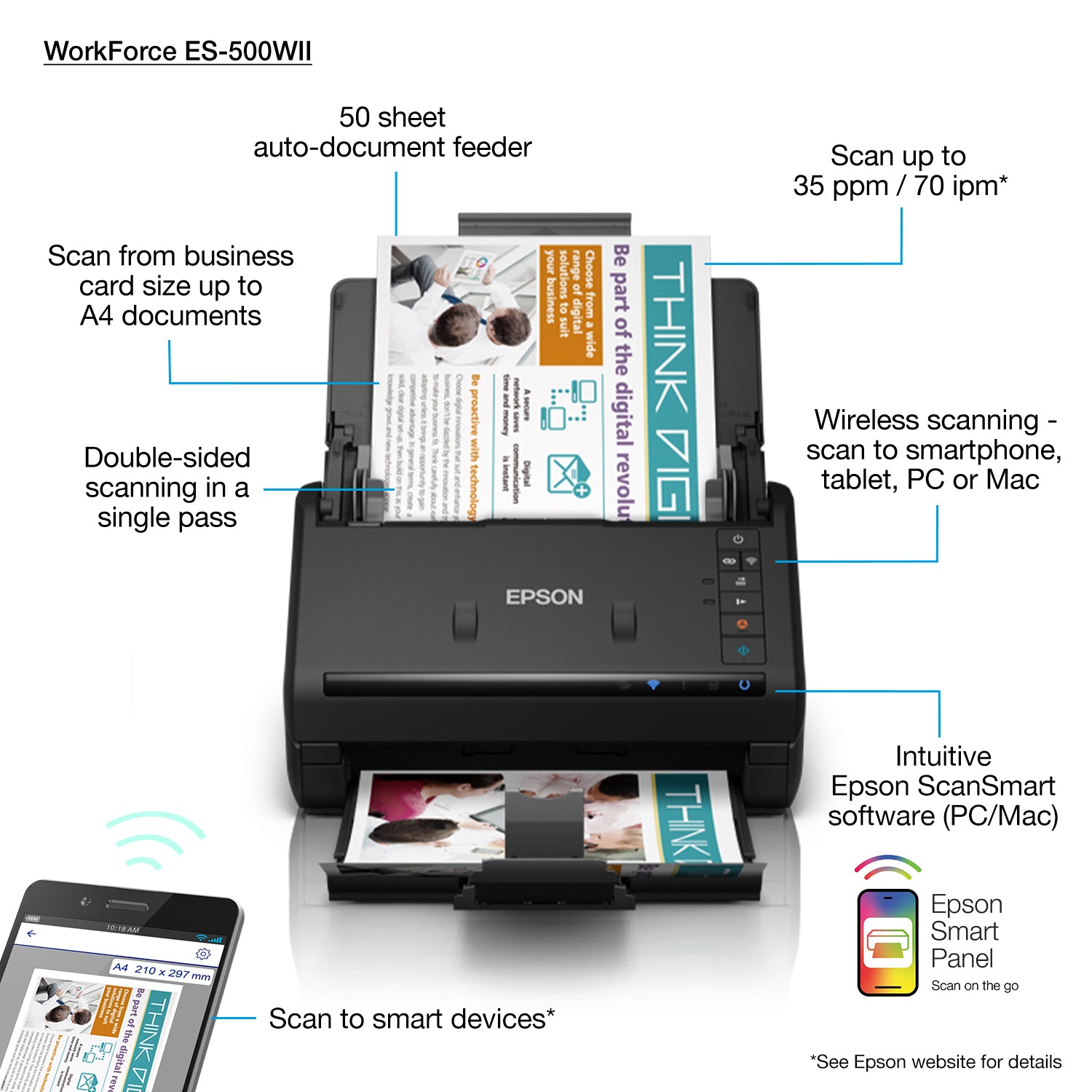 Epson WorkForce ES-500W II – Dokumentenscanner, A4, Duplex, 35 ppm, 600 dpi, ADF 100 Blatt, WLAN, USB