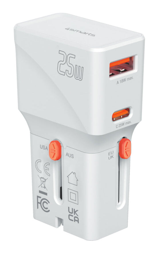 4smarts Nomad Pocket Weltreiseadapter 25 W – USB-C×1 – PD 3.0, PPS, QC 3.0 – AU/EU/UK/US-Stecker – Weiss