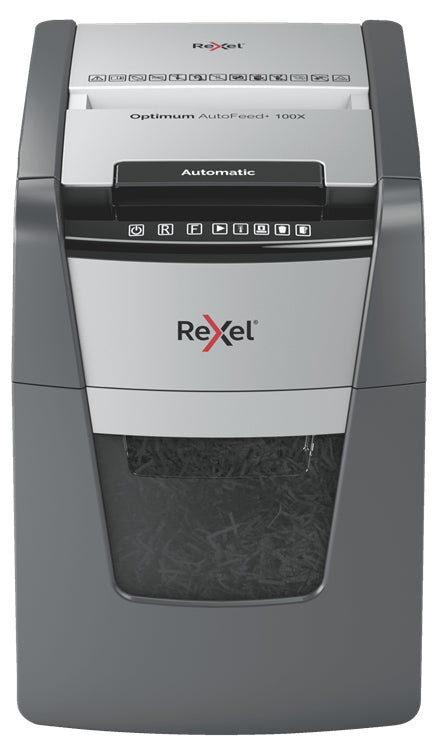 Rexel Optimum AutoFeed+ 100X – Aktenvernichter mit Autofeed 100 Blatt, DIN P-4, Partikelschnitt 4 × 28 mm, 34 L