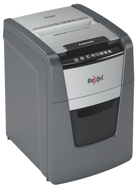 Rexel Optimum AutoFeed+ 100X – Aktenvernichter mit Autofeed 100 Blatt, DIN P-4, Partikelschnitt 4 × 28 mm, 34 L