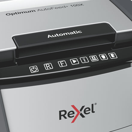 Rexel Optimum AutoFeed+ 100X – Aktenvernichter mit Autofeed 100 Blatt, DIN P-4, Partikelschnitt 4 × 28 mm, 34 L