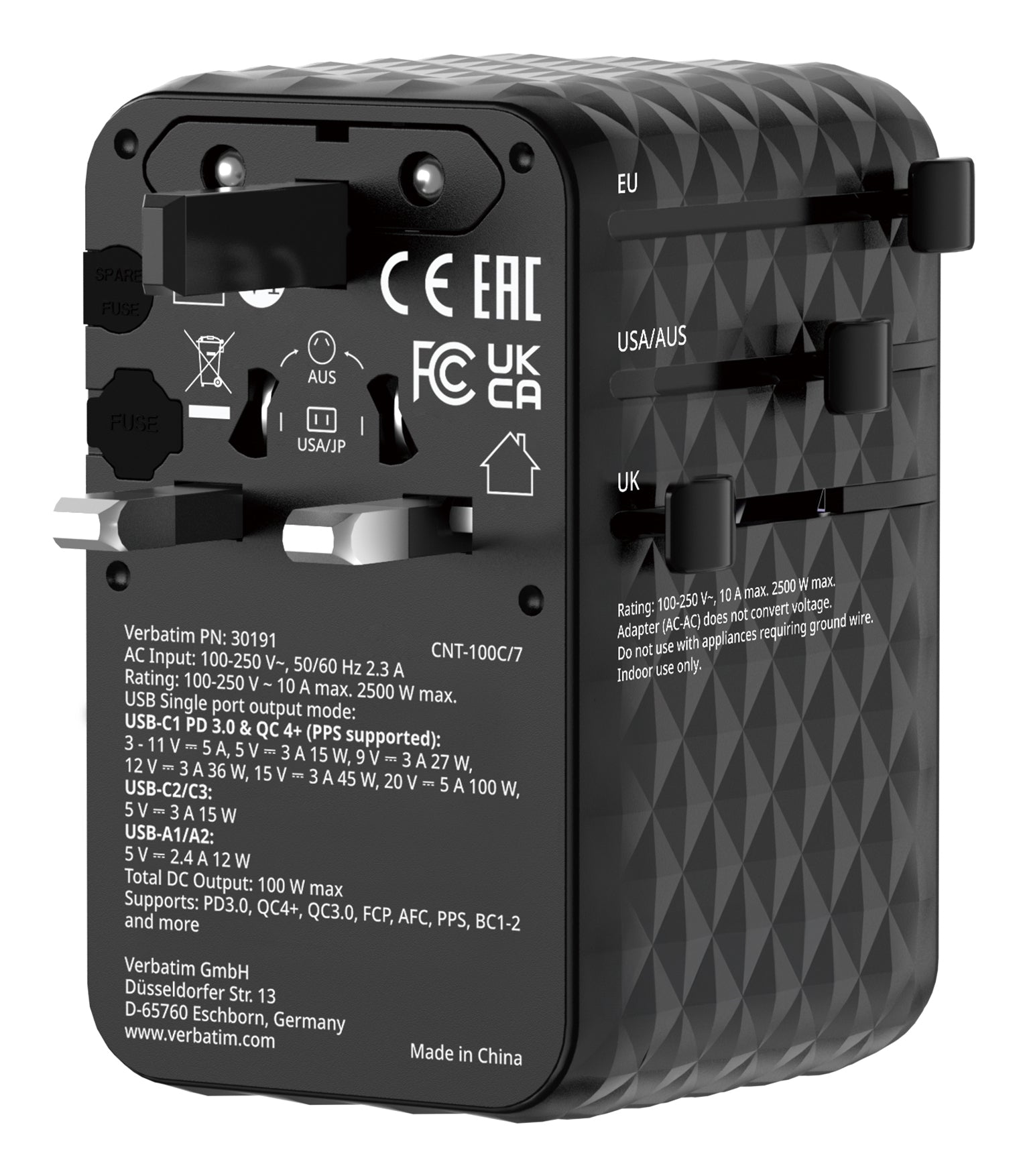 Verbatim Charge 'n' Travel Ladegerät – 100 W, mit einziehbarem Kabel