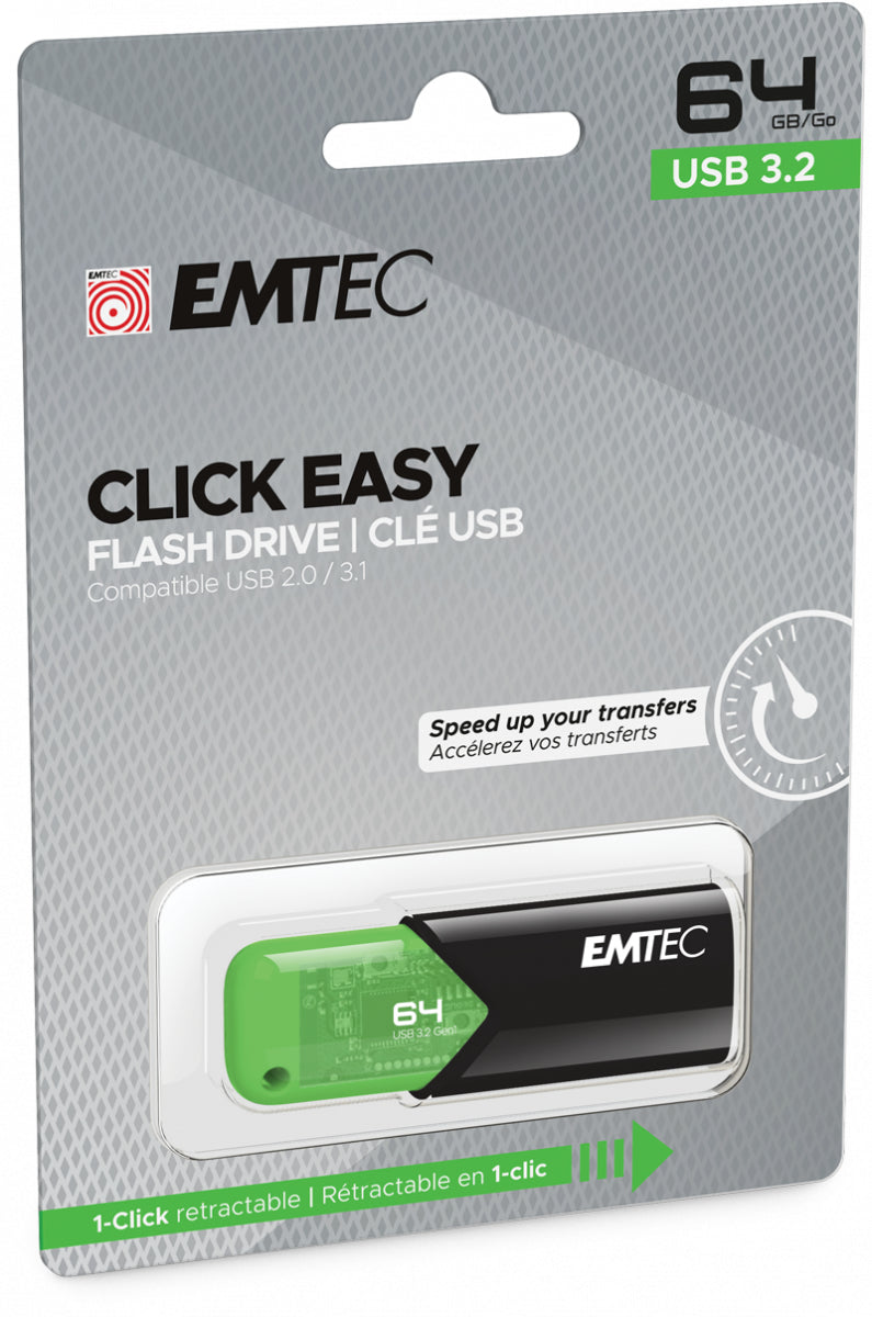 Emtec B110 Click Easy USB-Stick – 64 GB, USB 3.2, Gehäuse aus 100% recyceltem Kunststoff ohne Kappe