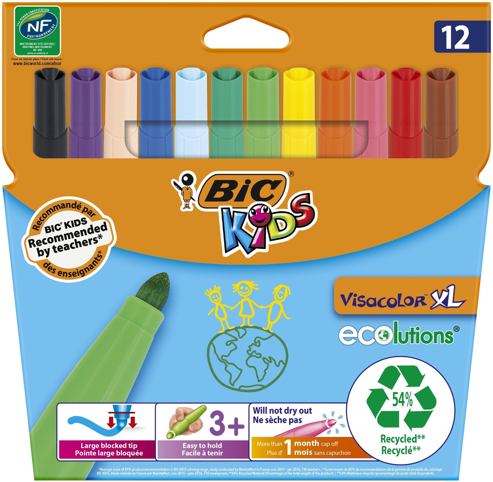 BIC KIDS Visacolor XL ecolutions Filzstift – Rundspitze, 1,3 mm, wasserbasiert, auswaschbar, 12 Farben