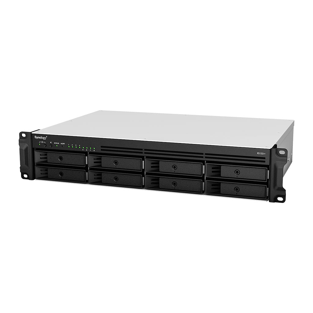 Synology RS1221+ – 8-Bay Rack 2U NAS – AMD V1500B, 4 GB RAM, 1GbE, DSM, für 2,5"/3,5" HDD/SSD, SATA