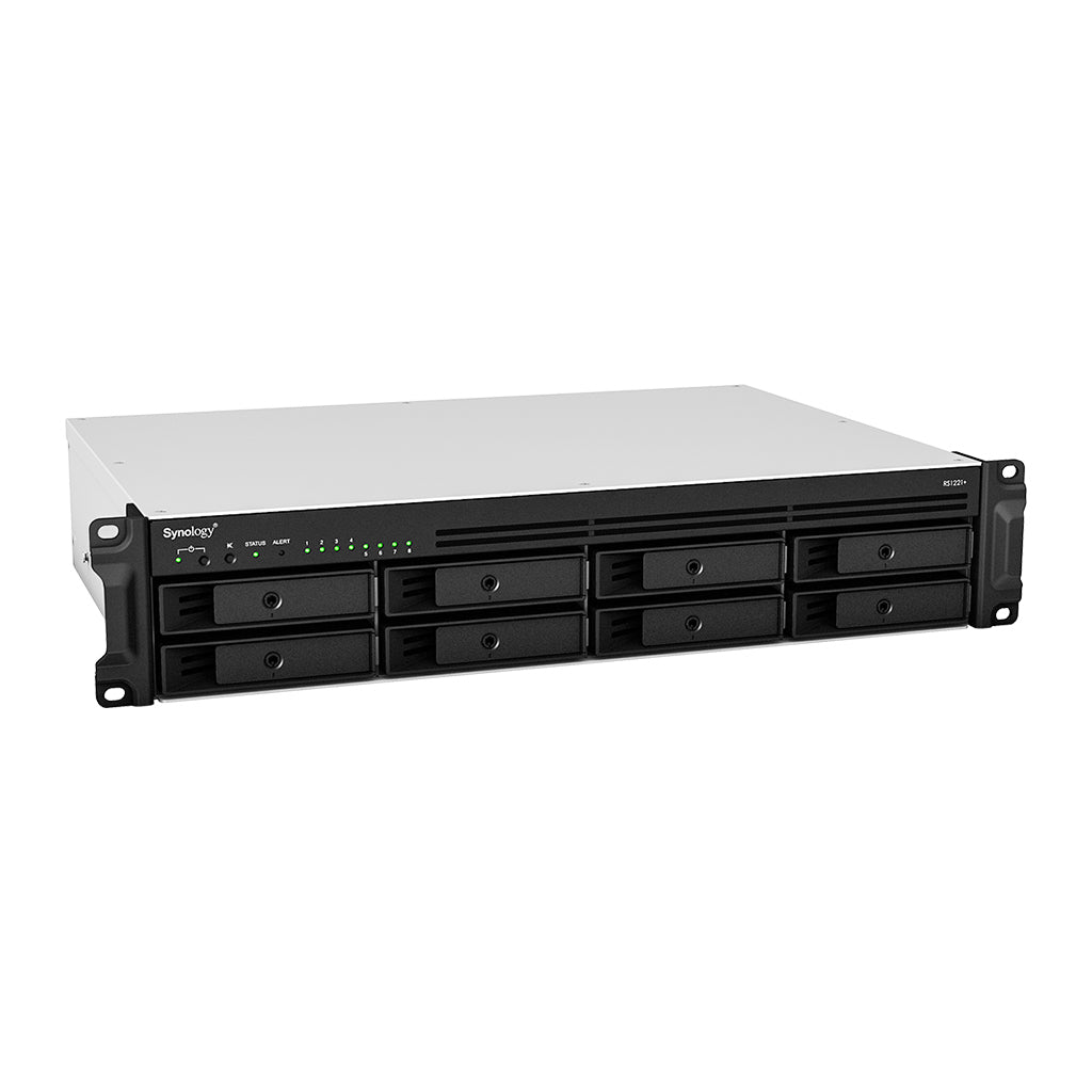 Synology RS1221+ – 8-Bay Rack 2U NAS – AMD V1500B, 4 GB RAM, 1GbE, DSM, für 2,5"/3,5" HDD/SSD, SATA