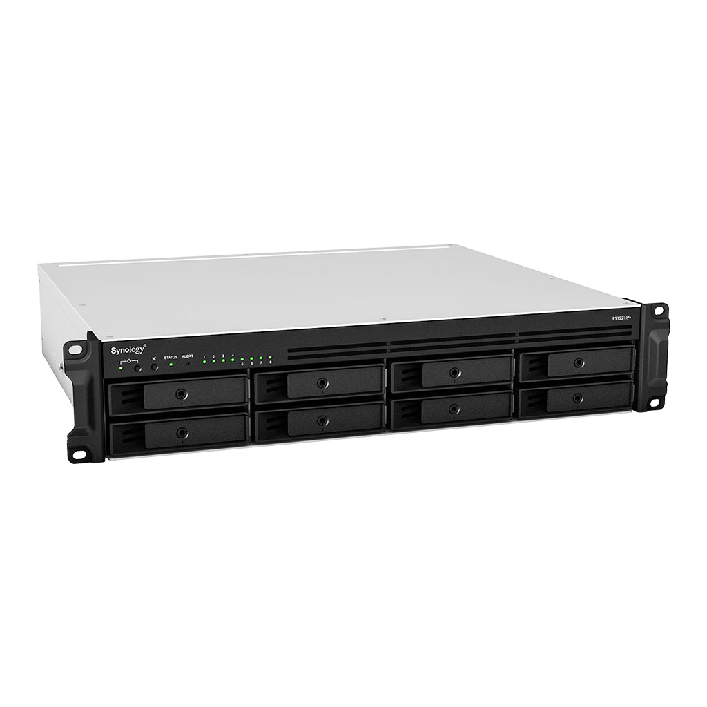 Synology RS1221RP+ – 8-Bay Rack 2U NAS – AMD Ryzen V1500B, 4 GB RAM, 1GbE, DSM, redundantes Netzteil