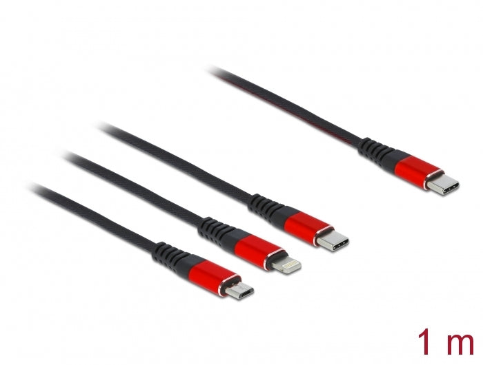 DeLOCK USB-C auf Lightning/Micro-USB-B/USB-C Kabel – USB 2.0 – 1 m – Schwarz/Rot