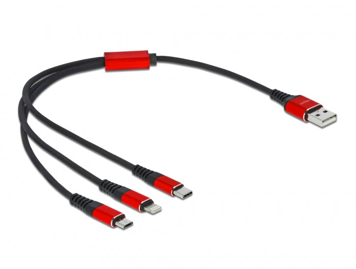 DeLOCK USB-Kabel – USB-A auf Lightning und 2× USB-C – USB 2.0 (480 Mbit/s) – 0,3 m – Schwarz/Rot