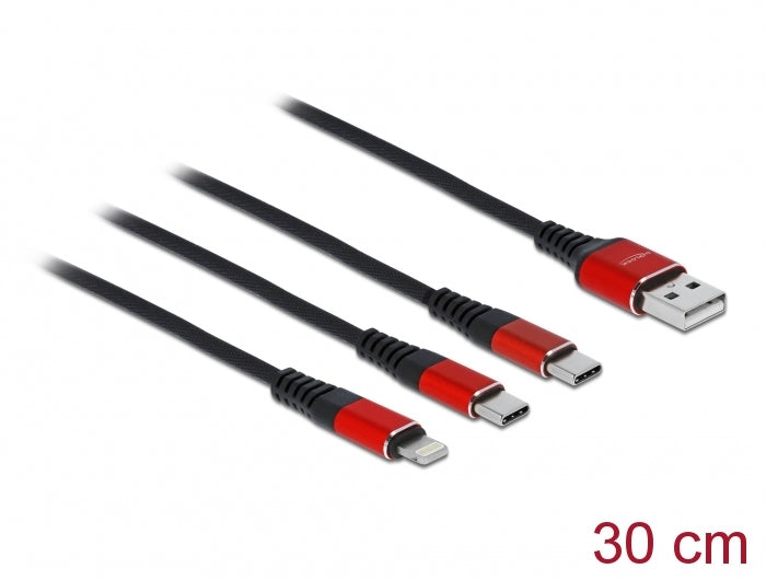 DeLOCK USB-Kabel – USB-A auf Lightning und 2× USB-C – USB 2.0 (480 Mbit/s) – 0,3 m – Schwarz/Rot