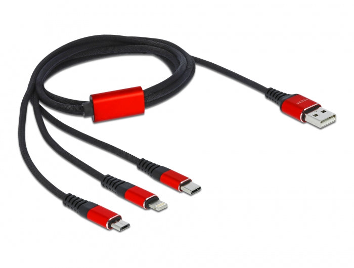 DeLOCK USB-Kabel – USB-A auf Lightning, 2× USB-C – USB 2.0 (480 Mbit/s) – 1 m – Schwarz/Rot