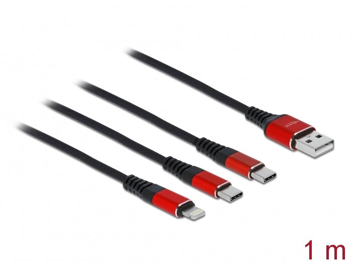 DeLOCK USB-Kabel – USB-A auf Lightning, 2× USB-C – USB 2.0 (480 Mbit/s) – 1 m – Schwarz/Rot