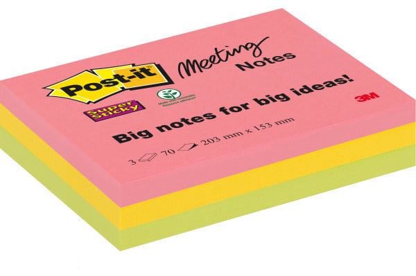 3M Post-it Super Sticky Haftnotizen – 203×152 mm – sortiert (Guavapink, Ultragelb, Limonengrün), 3×45 Blatt, PEFC