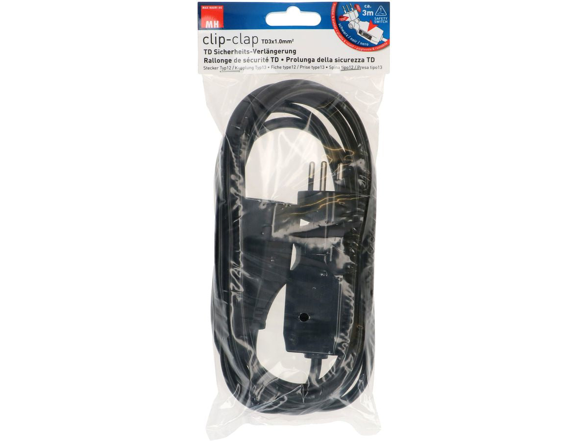 Max Hauri AG Max Hauri Verlängerungskabel – T12–T13, 3 m, mit Schalter, 3×1,0 mm², schwarz