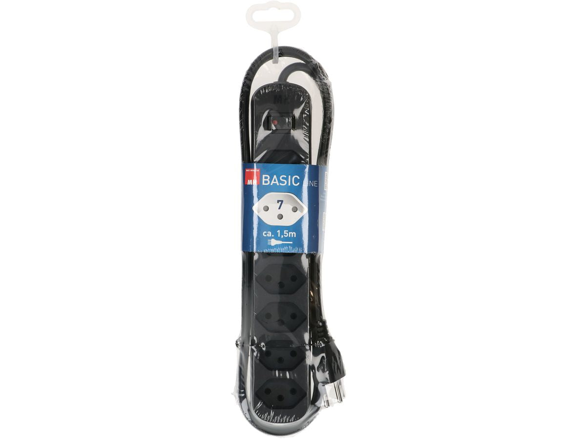 Max Hauri AG Max Hauri Basic-Line Steckdosenleiste – 7× T13, 1,5 m, Überstromschutz, Ein-/Ausschalter – Schwarz