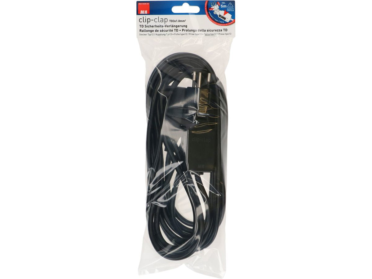 Max Hauri AG Max Hauri Verlängerungskabel T12–T13, 5 m, 1 mm², Drehwinkelstecker, Kinderschutz – Schwarz