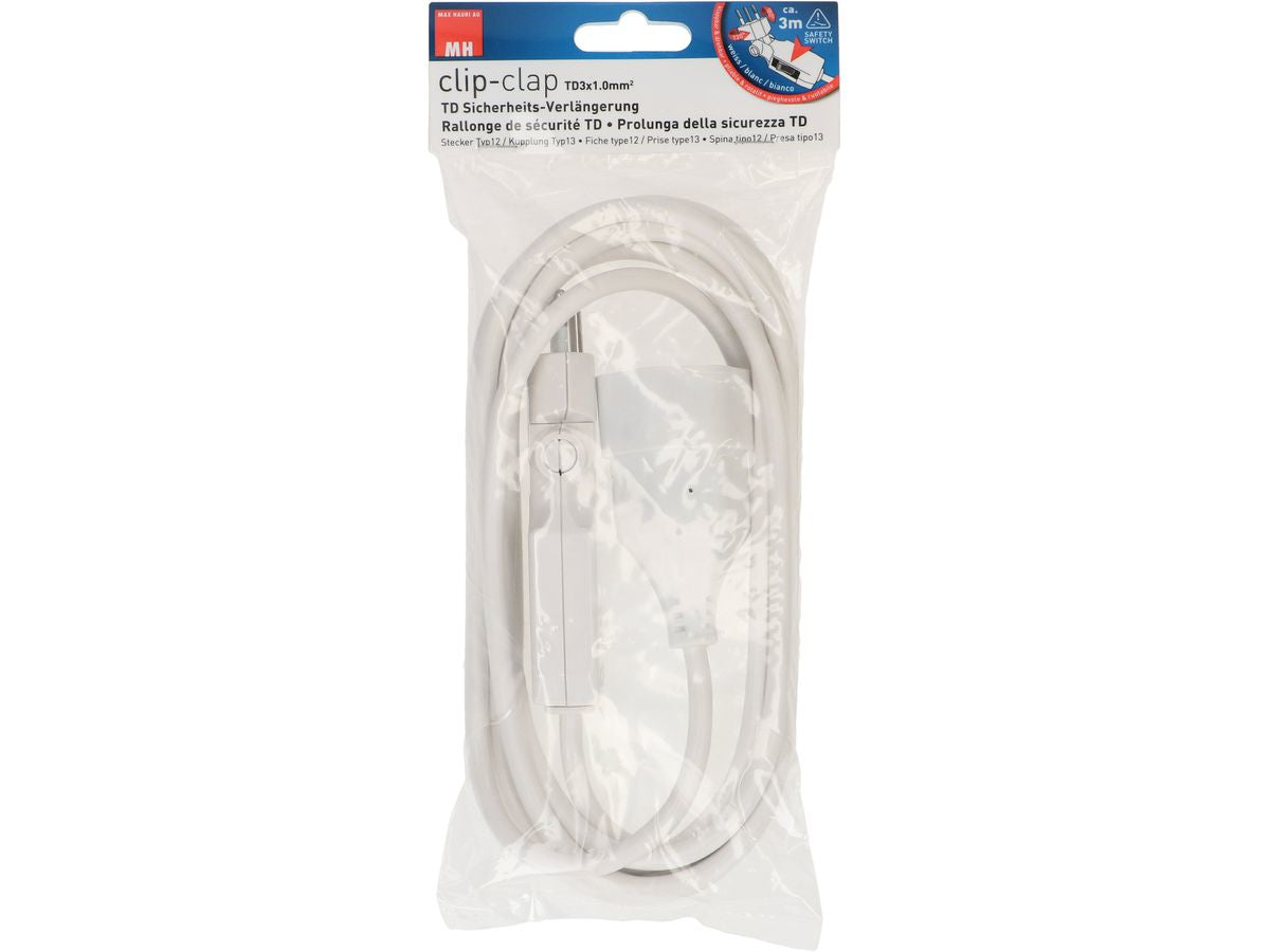 Max Hauri AG Max Hauri Verlängerungskabel – T12–T13, 3 m, mit Kinderschutz, 3×1 mm², weiss