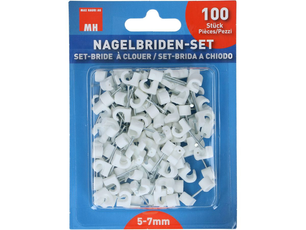 Max Hauri AG Max Hauri Kabelhalter, Nagelbride, 100er-Pack – für Flachkabel 5–7 mm – Weiss