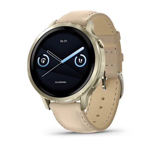 Garmin Venu 4 41 mm GPS – Edelstahl Gold, Sportarmband, Sand, 50 m