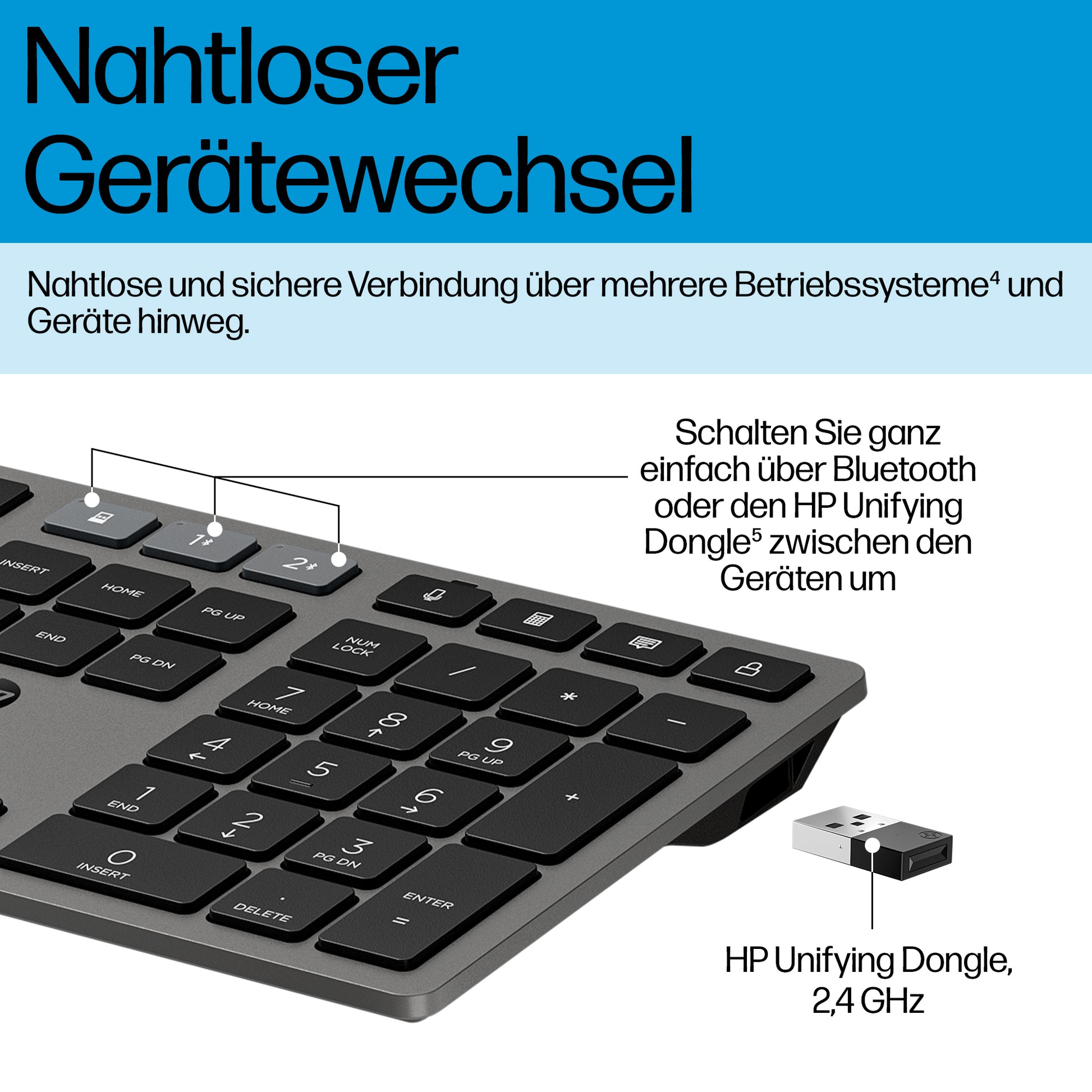 HP 725 Multi-Device Rechargeable – Tastatur – Bluetooth & 2,4 GHz (USB-A Empfänger) – Grau