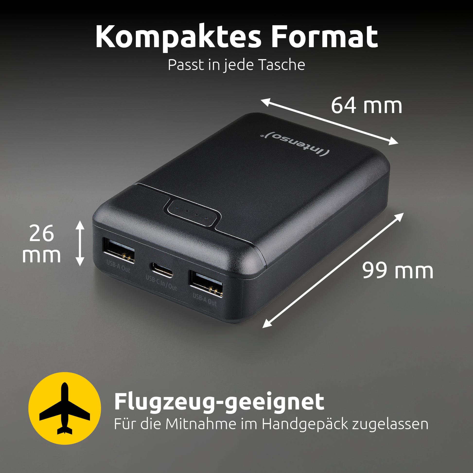 Intenso B10000 Powerbank 10'000 mAh – 1× USB-C, 2× USB-A, schwarz